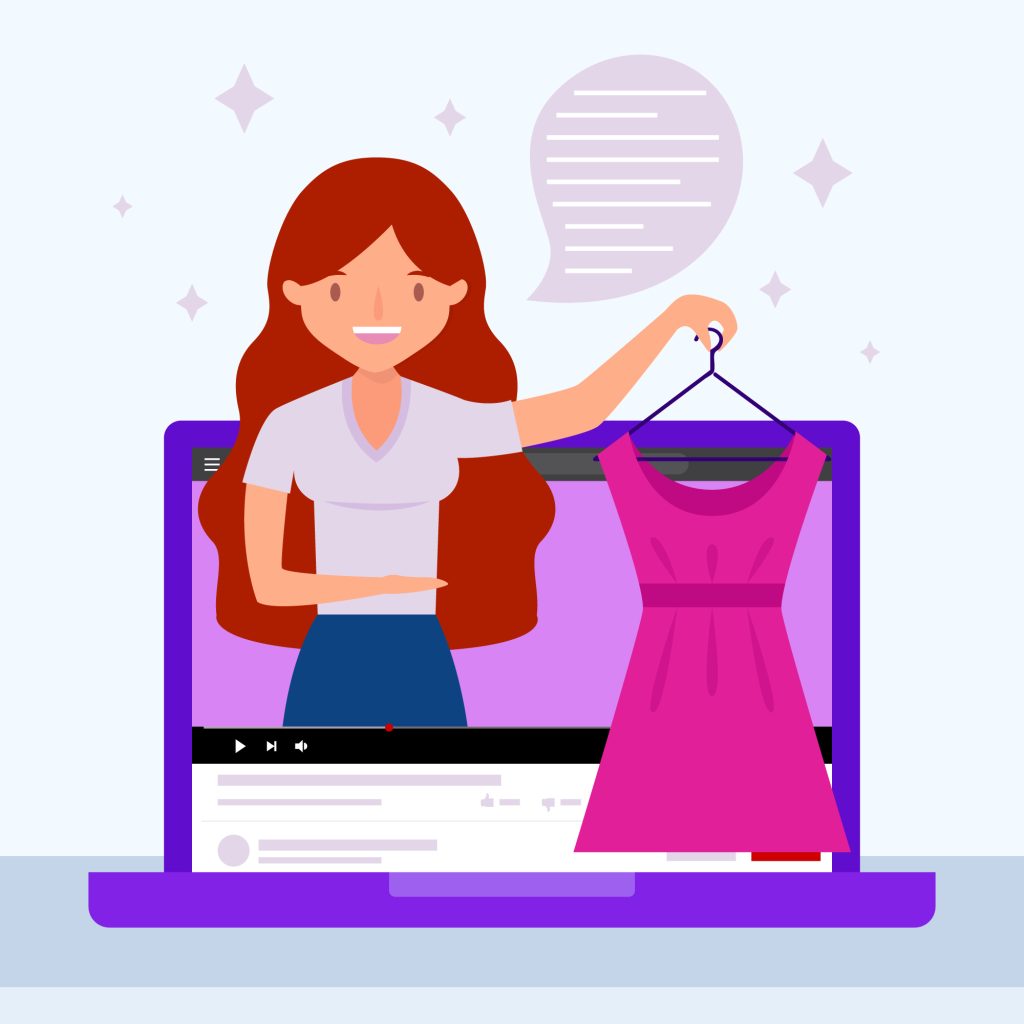 Femme sortant d'un écran d'ordinateur pour proposer une robe à partir d'un site internet