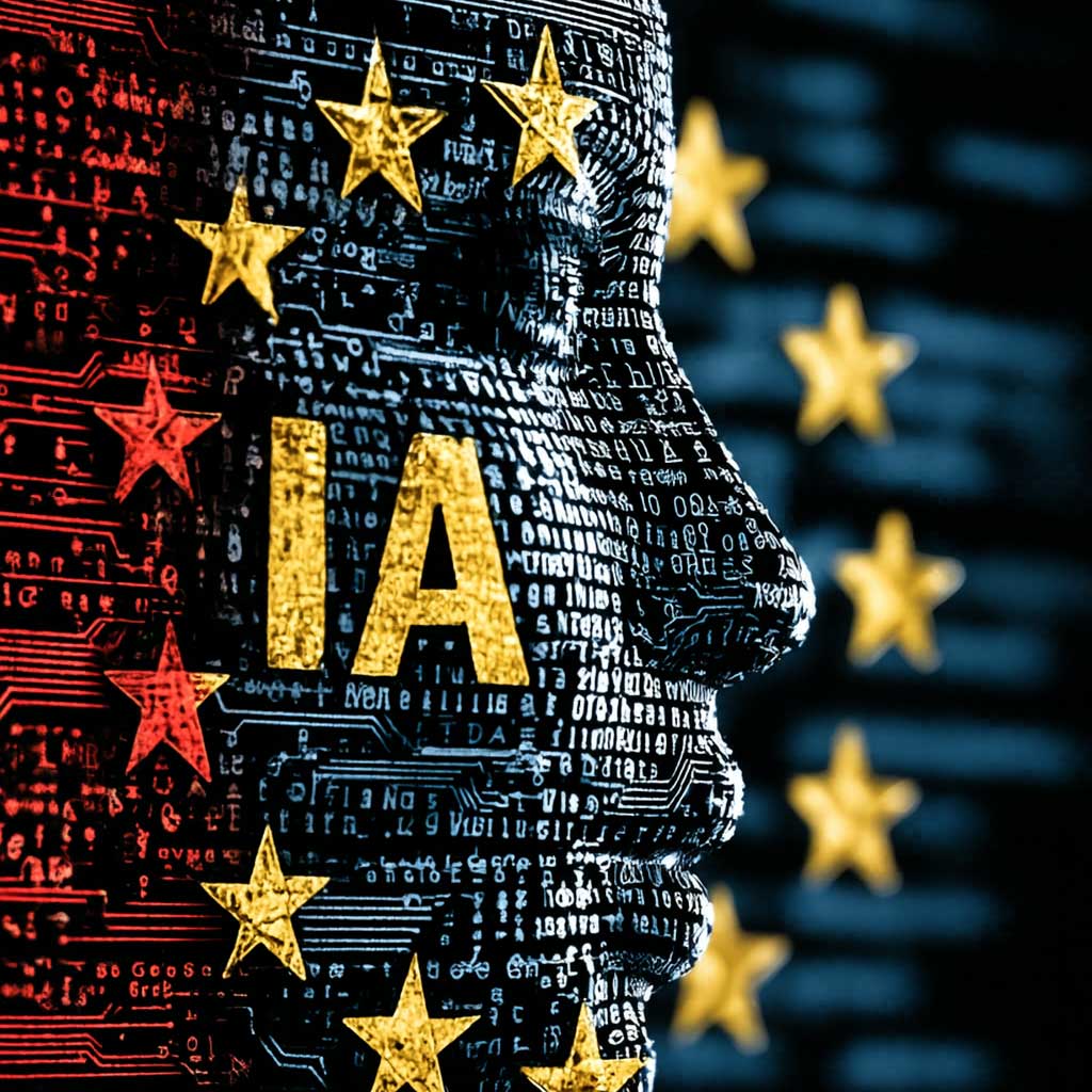 Visage humain stylisé en profil, composé de circuits imprimés et de code binaire, avec l'inscription "IA" en lettres dorées et les étoiles du drapeau européen réparties sur le visage, illustrant l'intelligence artificielle régulée par l'Europe