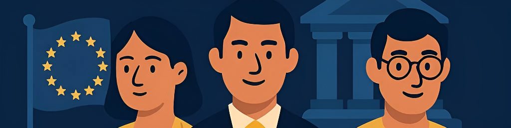 Illustration de trois citoyens européens stylisés devant un drapeau de l'Union européenne et un bâtiment institutionnel, représentant les publics concernés par la régulation de l’intelligence artificielle en Europe.